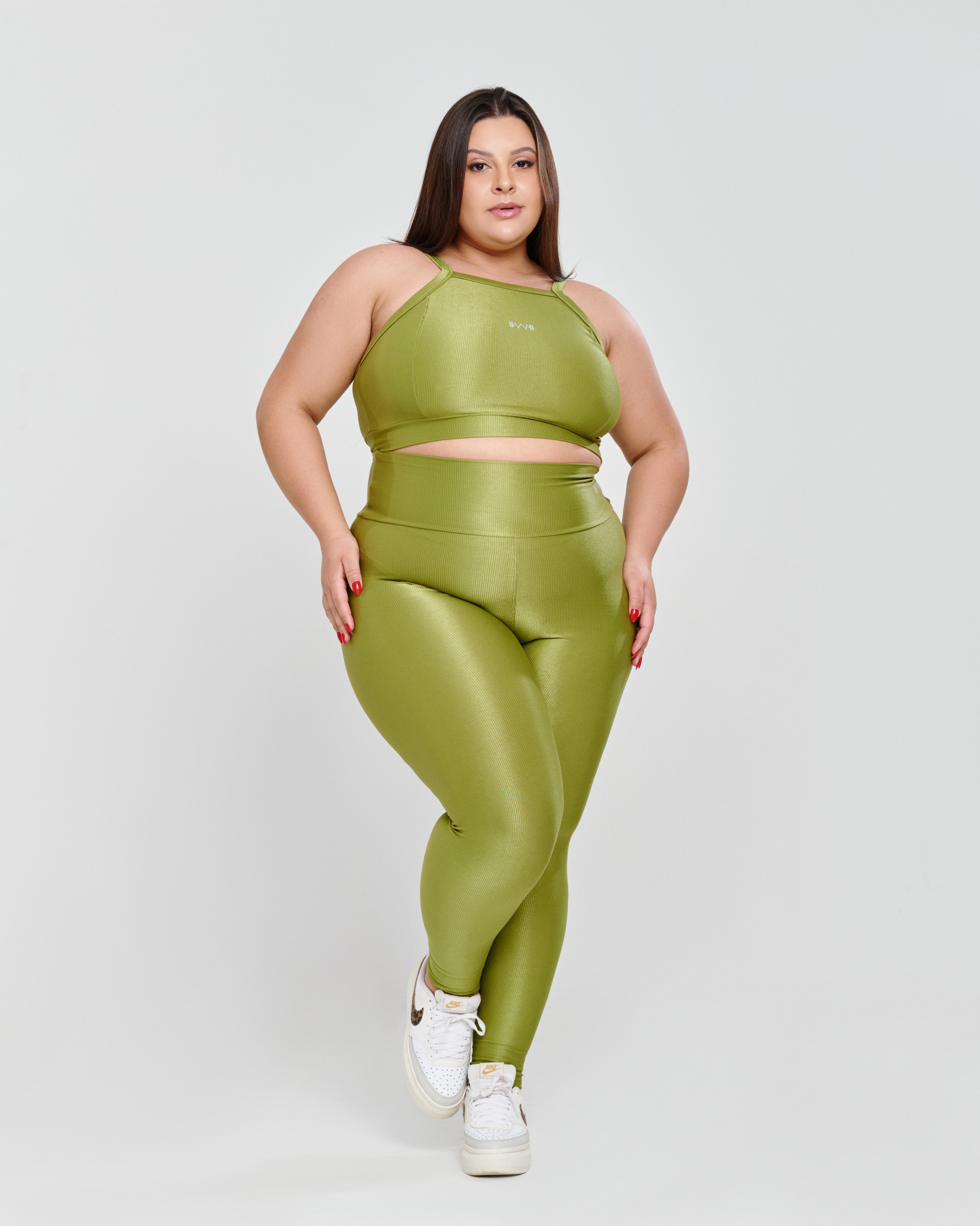 Calça Canelada Recorte V Plus Size Pistache - Power Fit