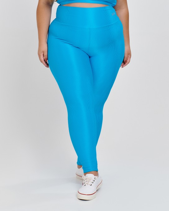 Calça Canelada Recorte V Plus Size Azul Cian