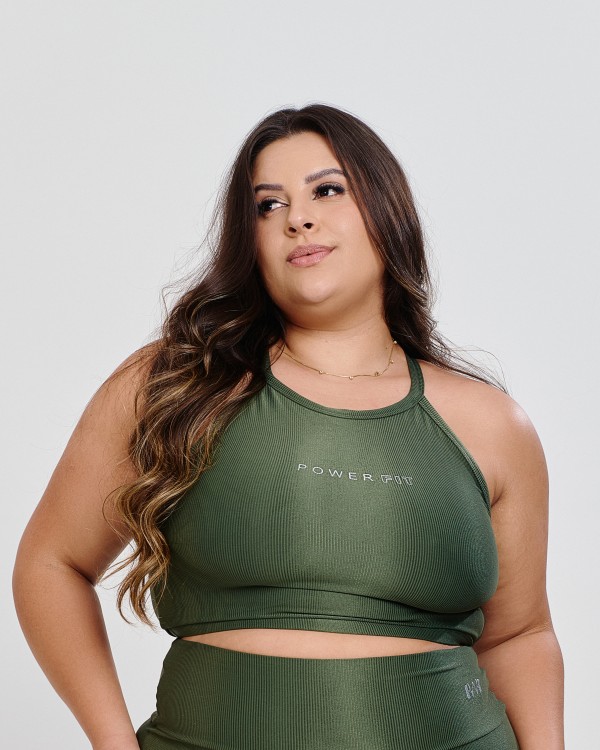 Top Canelado Halter Neck Plus Size Verde Militiar