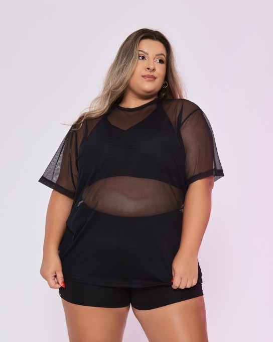 Blusão Power Oversized de Tule Plus Size Preto