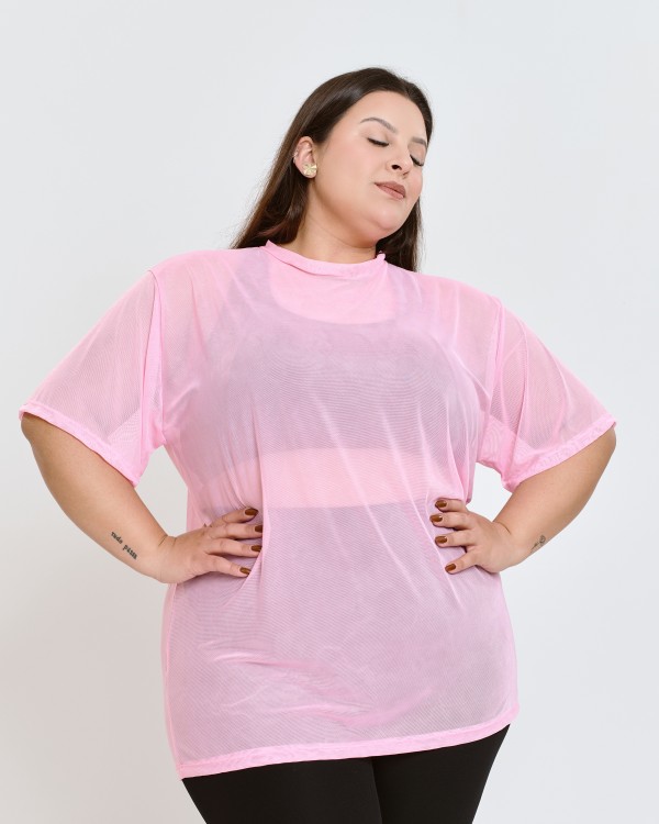 Blusão Power Oversized de Tule Plus Size Rosa